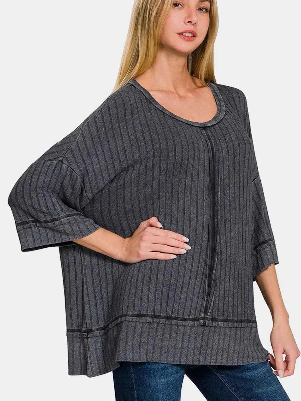 Zenana Plus Size Relaxed Ribbed Shoulder Top - Charcoal Gray